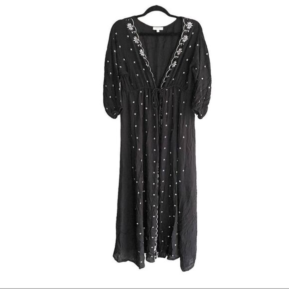 ANMOL Black With White Stars Long Maxi Kaftan Kimono Cardigan Ties In Front M/L - Picture 1 of 9
